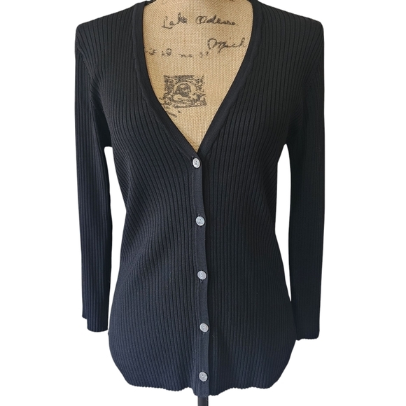 L'Agence Isabella Fitted Button-down 3/4 Sleeve Cardigan Black Ribbed Sweater -L - Picture 2 of 9